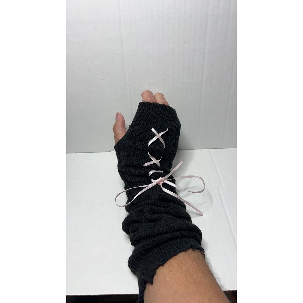Vintage Black Knit Arm Warmers with Pink Ribbon Lace-Up Detail